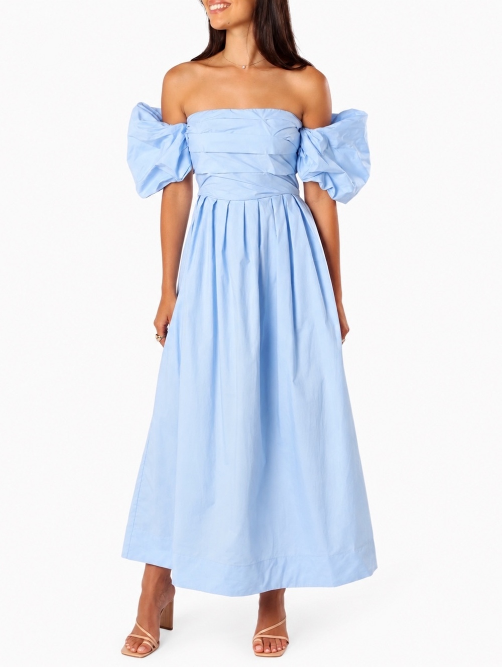 Petal & Pup Solana Off Shoulder Cotton Maxi Dress Blue Puff Sleeve Size 8